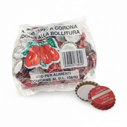 Generico Tappi a Corona Rossi 26 mm Idonei alla Bollitura per Bottiglie di Salsa e passata, per Uso Alimentare, Chiusura Ermetica per Birra e Conserve, 100 Pezzi