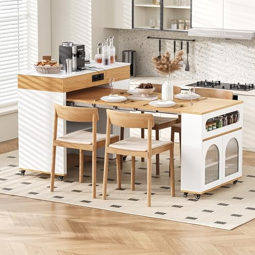 Bladez Isla de cocina con ruedas, mesa de comedor extensible de 137,5 cm, carrito de cocina con regleta y espacio de almacenamiento, con cristal de arrecife, cajón y armario, mesa de bar para 2 – 4
