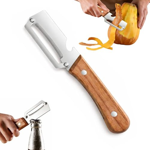 Pelador de madera Zero Snag, pelador multifuncional 2 en 1 con abridor de botellas, peladores de frutas y verduras de acero inoxidable para cocina, para manzana, patata, calabaza, papaya (1pcs)