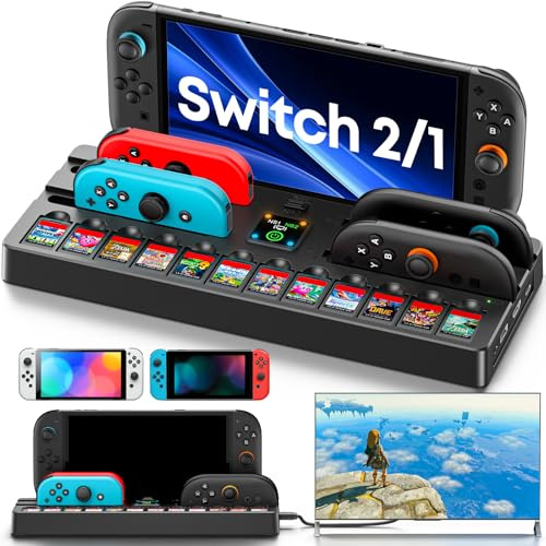 Switch 2 TV Dock para Nintendo Switch 1/OLED con Base de Carga para 4 Joy-con, Base TV con Salida HDMI 4K y Puerto USB 3.0, Soporte para 12 Tarjetas de Juego, Docking Station Accesorios