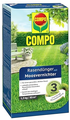 COMPO Rasendünger mit Moosvernichter, 3 Monate Langzeitwirkung, Feingranulat, 1,5 kg, 50 m²