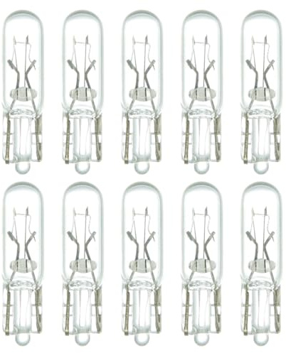 Sunlite T1.75 Mini-Tube Bulb, 1.12 Watts, 4 Lumens, 14 Volts, C-2F Filament, European Glass Wedge W2x4.6d Base, Clear Finish, 2800K Soft White, for Automotive & Indicator Lights, 10 Pack