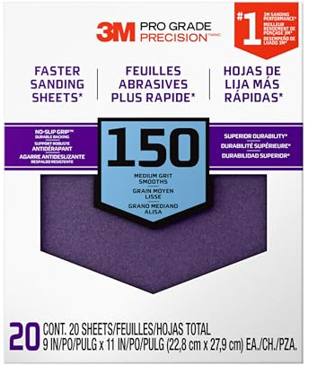 3M Advanced Sandpaper, 20-Pack, 150 Grit, 3M Pro Grade Precision, Features No-Slip Grip Backing, 9-in x 11-in, For Sanding Wood, Drywall, or Metal, Can be Used on Wet or Dry Surfaces (‎26150CP-P-G)