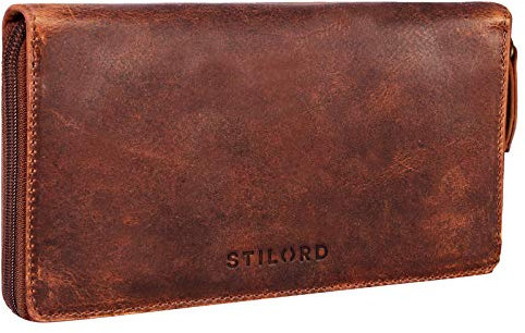STILORD 'Emilia' Damen Portemonnaie RFID Schutz Elegante Klassische Geldbörse groß aus echtem Rindsleder, Quer mit Reißverschluss Leder, Farbe:Kara - Cognac