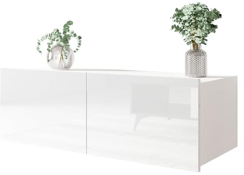 Mirjan24 TV Schrank Calabrini 100 BR03, TV Lowboard mit Grifflose Öffnen, Fernsehschrank Hängeschrank Hochglanz Matt Wohnwand (Weiß/Weiß Hochglanz)