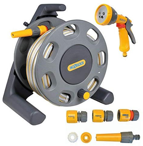 Hozelock 2412 Compact Reel 25m Garden Hose Reel Fittings FREE Jet Spray Gun 2676