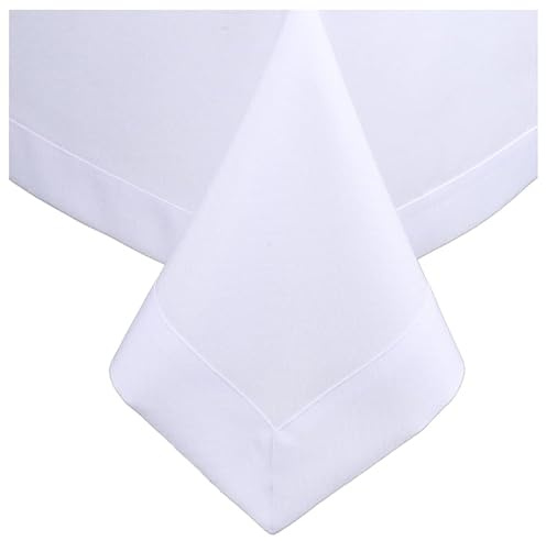 DECOOR Tischdecke abwaschbar 300x140 cm eckige Tischwäsche aus Stoff in Leinenoptik schmutzabweisende Tafeldecke wasserabweisend Matte 220 g/m² Tischtuch mit dekorativer 5 cm Bordüre Weiß | mit dekorativer 5 cm Lamelle, aus dickem Gewebe, 220 g/m², 100% Polyester