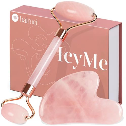 BAIMEI Gua Sha Stein und Gesichtsroller Rosenquarz，Guasha Set Beauty Massager, Jade Roller, Verbesserung Von Feinen Linien，Geschenk für Frauen