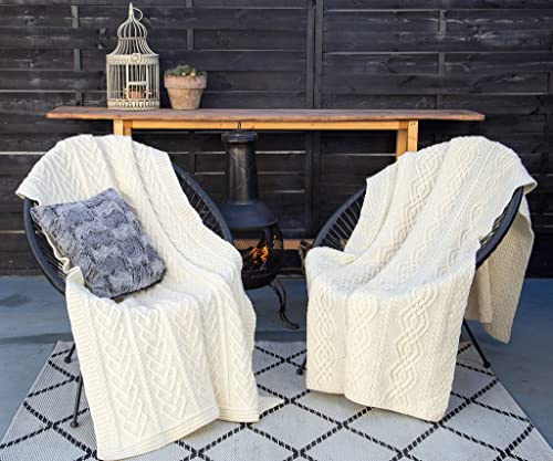 SAOL Irish Throw with Shamrock - 100% Merino Wool Aran Couch Blanket 48'' x 68'' (122 x 173 cm) (Natural)