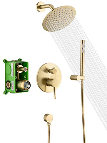 sumerain Brushed Gold Shower Faucet System with high pressure 8 Inches rain shower head and brass hand shower, Rough-In Valve Body and Trim Included