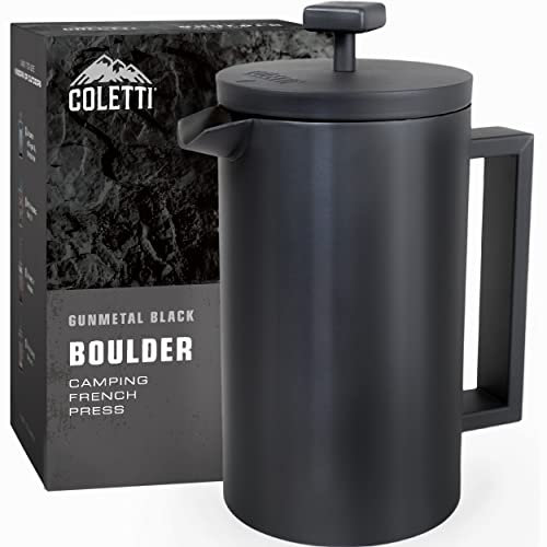 COLETTI Cerakoted Camping French Press – Cafetera de prensa francesa aislada grande –Prensa/olla de café de metal para campamento – 10 tazas (42 oz) – The Boulder (una prensa americana) (negro bronce)