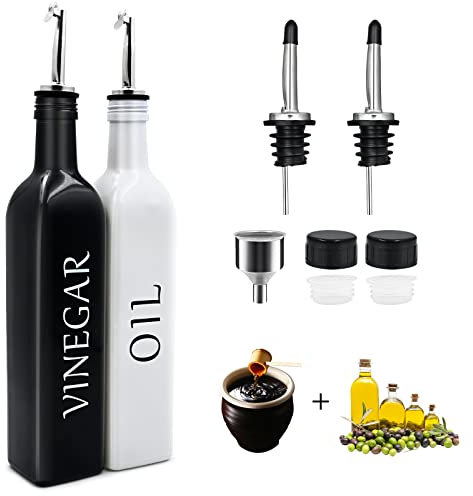 Mailesi Set Dispenser Olio e Aceto, Bottiglia di Olio D'oliva Bianca e Dispenser di Aceto Balsamico Nero con Ugello Staccabile, Imbuto, Set in Vetro 500 ML per Cucina Della Fattoria