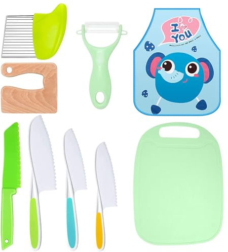 9 Cuchillos de Cocina para Niños, Juego de Cuchillos para Niños Que Incluye Cuchillo Seguro para Niños de Madera, Babero, Cuchillo Dentado para Niños, Pelador, Tabla de Cortar, Verde