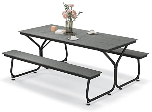 COSTWAY Tavolo da Pranzo 183 CM con 2 Panche per 8 Persone, Set da Picnic in Metallo e HDPE con Foro per Ombrellone, per Giardino Terrazzo (Grigio)
