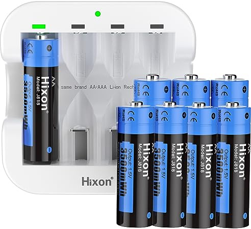 Hixon AA Rechargeable Batteries 3500mWh, 8 Counts High-Capacity 1500 Cycles Lithium AA Batteries with USB Input AA Battery Charger,1.5V Batteries Max 3A Current