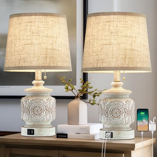 19.5 Farmhouse Vintage Table Lamps for Living Room Set of 2 Traditional Rustic Bedside Lamps for Bedrooms Nightstand with USB Ports Carved Floral Night Light Lamp for Office Decor,Pull Chain