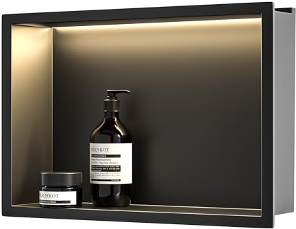 Bernkot Stainless Steel Shower Niche 18 X 12 Matte Black with Led Light Waterproof No Tile Need Shower Niche for Bathroom Storage Recessed Wall Niches