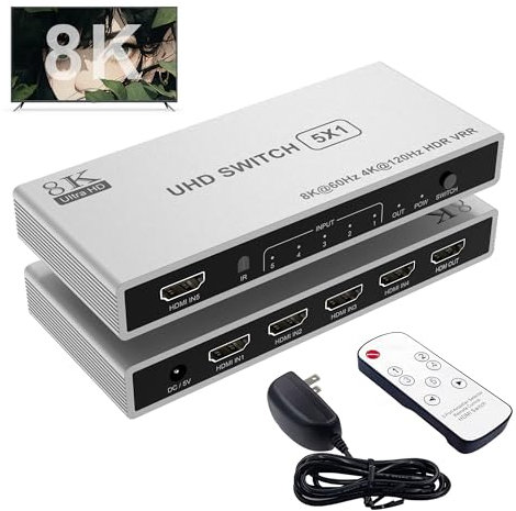 8K HDMI 2.1 Switch 4K 120Hz, HDMI Umschalter 5 In 1 Out mit IR Fernbedienung, 5 Port HDMI 2.1 Splitter 8K 60Hz für Xbox PS5 PC TV