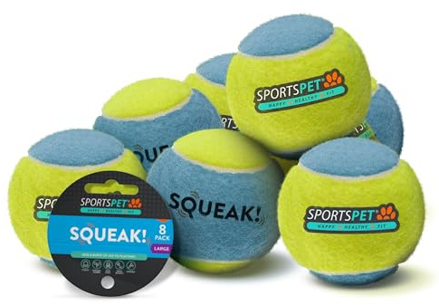 SPORTSPET Squeak Tennis Hundebälle, Groß, 8er-Pack (80mm) | Extra sprungkräftig, ungiftig, langlebig, lang haltbar, schwimmt, quietschende Tennisbälle für Hunde