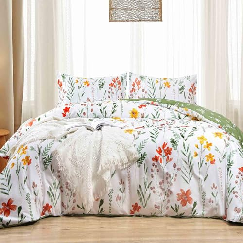 Nanko Floral Duvet Cover King Size, 3 Pieces Green Leaves Yellow Flowers Botanical Pattern Comforter Cover Set, Soft & Lightweight Microfiber Reversible Quilt Cover for Women 104x90 Inches, White