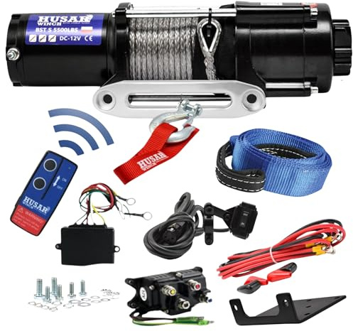 Husar Winch Treuil Électrique 12V, 5500 lbs 2495 kg, Corde Synthétique 14,5m, Engrenage Planétaire à 3 étages,Contrôle Sans Fil,Frein Automatique,Kit de Montage -Idéal Pour Les ATV/UTV+SANGLE GRATUITS