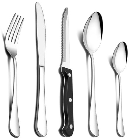 Herogo Cutlery Set with Steak Knives, 30 Pieces Stainless Steel Flatware Cutlery Set for 6 People, Rounded Handle Silverware Include Knife, Fork and Spoon, Mirror Finish & Smooth Edge, Dishwasher Safe