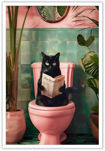 horakey Poster amusant avec chat noir utilisant des toilettes - Motif chat mignon lisant un journal - Art botanique rose - Peinture pour salon, chambre à coucher, toilettes - 30,5 x 40,6 cm - Sans