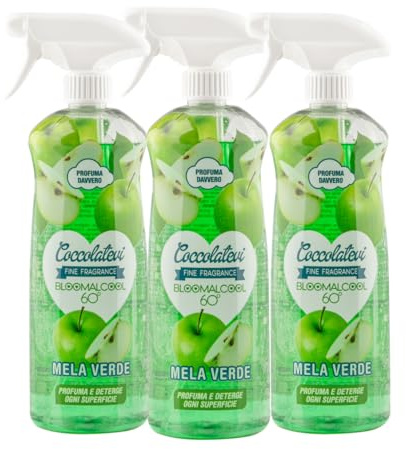 COCCOLATEVI Bloomalcool 60° 750 ml, Detergente Multiuso Profumato, Deterge e Profuma, Ideale per Cucina, Bagno e Superfici Dure, Senza Risciacquo (750 ml (confezione da 3), Mela verde)