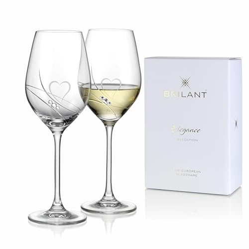Brilant Weißweingläser, Handgefertigtes Weingläser Set mit Gravierte Herzen, Geschenke für Frauen, Polierte Linien & Swarovski-Kristallen, Modernes Trinkgläser Set, Geschenkverpackung, 2 Stck, 360 ml