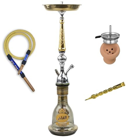Dark Shisha Vattenpipa 70 cm – Handgjord Mässing, Kristallbas, Traditionell Läder/Träslang, Lerskål + Värmehanterare, Guldfärgad Tång | Komplett Set