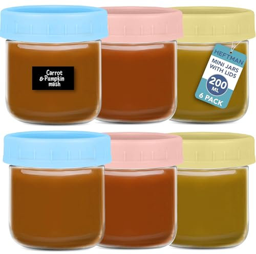 HEFTMAN Small Breakfast Pots with Lids - 6 x 200ml Small Storage Jars with Lids for Lunch Box, Sauces, Fruits Airtight Glass Overnight Oats Jars for Fridge, Pantry (200ml, 6 Pack)