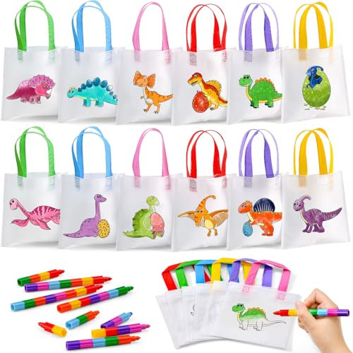 Toyssa 12pcs Bolsas para Pintar para Niños con Crayones Apilables Set Manualidades DIY Detalles de Fiesta Regalos para Cumpleaños Regalitos Cumpleaños Invitados Niños (Dinosaurio)