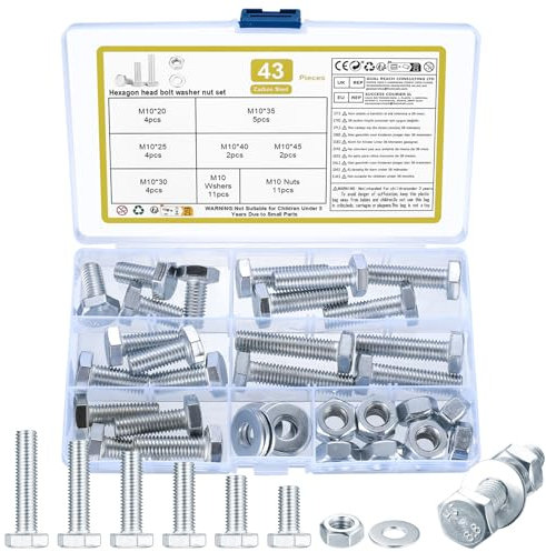 43 Stück M10 Schrauben Set, Sechskantschrauben Muttern Set, Gewindeschrauben Set, Maschinenschrauben Sortiment mit Unterlegscheiben Set, Sechskantkopfschrauben und Muttern Set