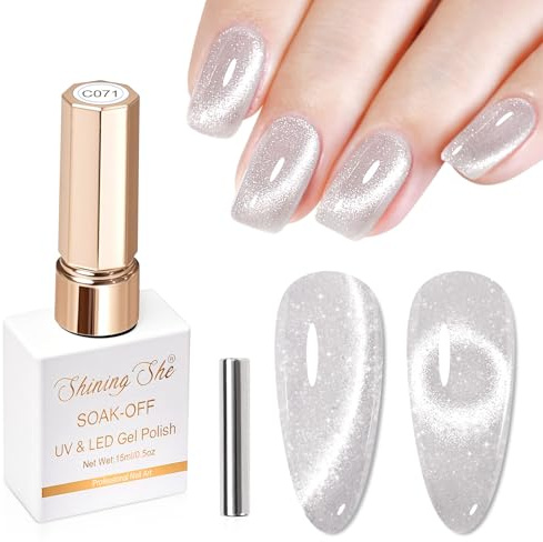 Shining She UV Nagellack Cat Eye, 1PCS Silber Weiß 9D Holografisch Glitzer Cat Eye Nail Polish Set mit Magnet, Soak-Off UV Gel Nagellack für Anfänger Maniküre Salon, 15ML