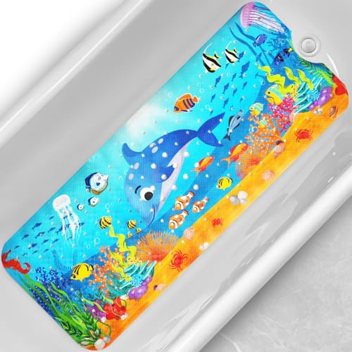 Linoows Baby Bath Tub Mat, 40 x 16 Inch Extra Large Non Slip Kids Cartoon Bathtub Shower Mats with Suction Cups & Drain Holes, Machine Washable for Bathroom, Undersea Dolphin