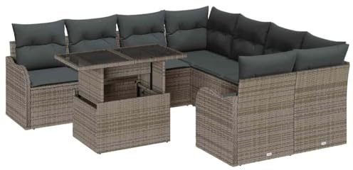 vidaXL Trädgårdsoffset med kudde 9 pcs Grå Poly rattan, Trädgård och terrass, modern rattan-soffa, vädertålig sittgrupp, modulär utomhuslounge, rektangulärt matbord
