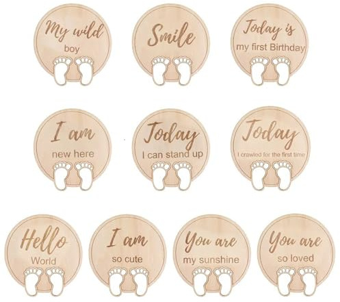 SacJkt Meilensteinkarten Baby Holz, Meilensteine Baby, 10 Stück Meilenstein-Karten mit Babyfüßchen, ideales Fotoprop für Neugeborene
