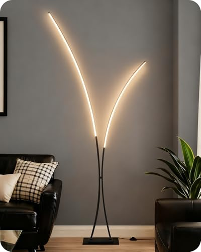 GOEBLESON Modern 85.4 Arc Floor Lamp for Living Room, 2 Lights Arched Standing Tall Lamp with Remote, X-Shaped Bright Curved Lamp, Dimmable LED Corner Light for Bedroom, Office, Black, B61LD05W1
