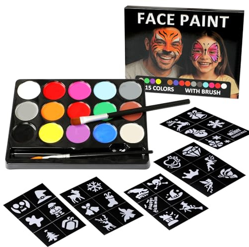 Pintura Facial y Corporal 15 Colores – Kit de Maquillaje Infantil No Tóxico con 30 Plantillas y 2 Pinceles, Segura y Lavable, Ideal para Halloween, Fiestas, Cosplay y Carnaval
