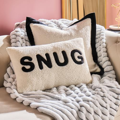 OHS Throw Pillow for Couch Sofa Bed Novelty Scatter Cushions Soft Boucle Fabric Back Support Cushion Snug Slogan Print Decorative Seat Cushion, Monochrome - 50 x 30cm