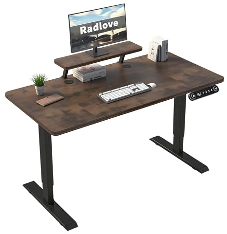 Radlove Elektriskt höjdjusterbart skrivbord med monitorstativ, LED-skärm, 140 x 76 cm, stående skrivbord, justerbart skrivbord för hemmakontor och kontor, brunt