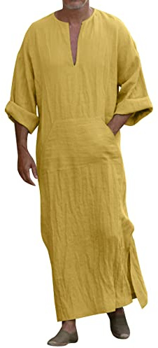 YOSUWOAI Lino Caftano Uomo Lungo Thobe Manica Corta Robe Lato Split Robes con Borse Abiti Musulmani Ramadan Abbigliamento Preghiera Abbigliamento Arabo Medio Oriente Tunica