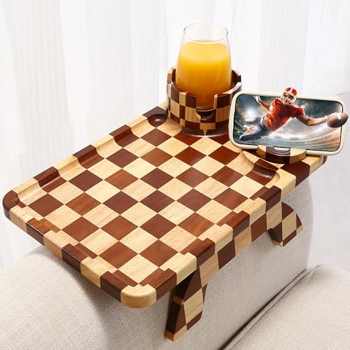 Acanacle Checkered Rubber Wood Couch Arm Tray, Sofa Armrest Tray with Rotating Cup Holder & Phone Stand, Large Clip-on Sofa Side Table Furniture for Drinks & Remote, 15.36x9.85, Gift Box