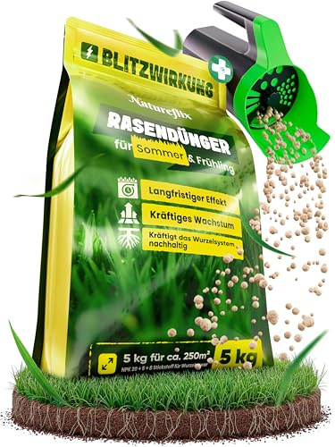Natureflix Rasendünger Frühjahr & Sommer inkl. Handstreuer | Tierfreundlicher Langzeitdünger für jeden Rasendünger frühling | (Staubarme Körnung 2-5mm) | Frühlingsdünger (5kg für 250m²)