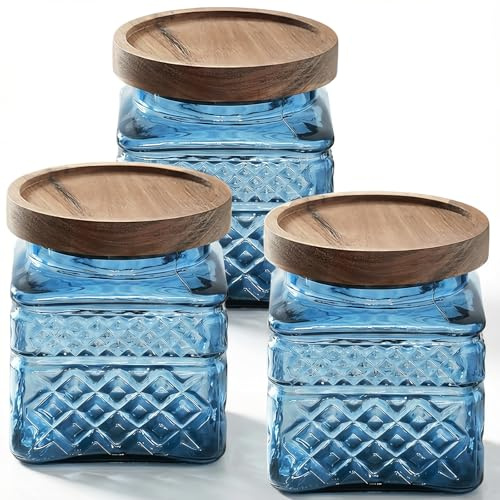 Tel Charme * 3-Pack 600ml Glass Jars with Bamboo Lids, Airtight Vintage Glass Storage Canisters for Kitchen Pantry Coffee Sugar Tea Flour Snacks (Blue-2)