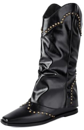 Genérico Botines Western Cowboy Mujer con Tachuelas Doradas Punta Afilada Tacón Bajo Estiloso para Casual Streetwear Fiesta Y Tema Country,Negro,35 EU