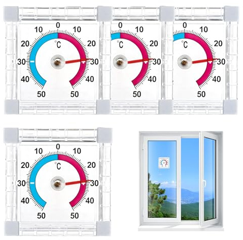 Lot de 4 thermomètres d'extérieur résistants aux intempéries + - 50 °C - Thermomètre de fenêtre extérieur autocollant transparent - Thermomètre analogique pour fenêtre et porte