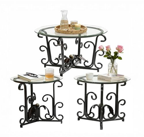 TOPKEY 3-Piece Coffee Table Set, Retro Black Metal Frame with Tempered Glass, Includes 1 Coffee Table and 2 End Tables, Modern Living Room Furniture for Apartments and Small Spaces