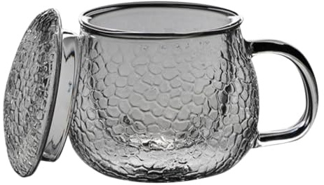 JECOMPRIS Taza de Té Espesa con Diseño Martillado, Juego de 3 Piezas con Asa, Filtro y Tapa, Vaso de Vidrio para Oficina, Multiusos para Infusiones y Agua Caliente, Taza Decorativa