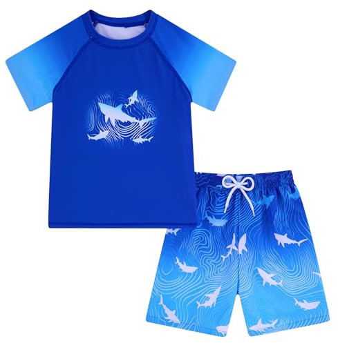 ALISISTER Boys Swimming Costume Kids UPF 50+ Short Sleeve Rash Guard Swimsuit Set with Board Shorts for 4-12 Years